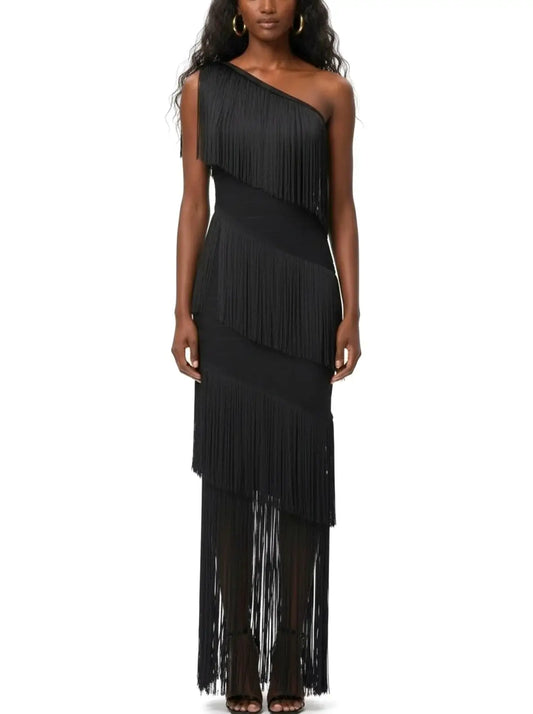 One-Shoulder Fringe-Embellished Maxi Dress - XS - Dresses