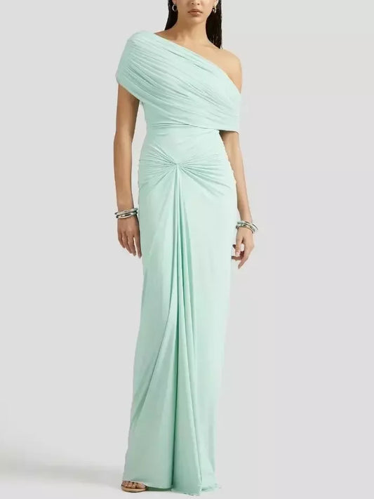 One-Shoulder Gathered Gown in Mint Green - XS - Dresses