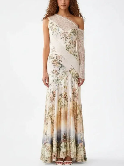 One-Shoulder Lace-Paneled Floral Silk Maxi Dress - S - Dresses