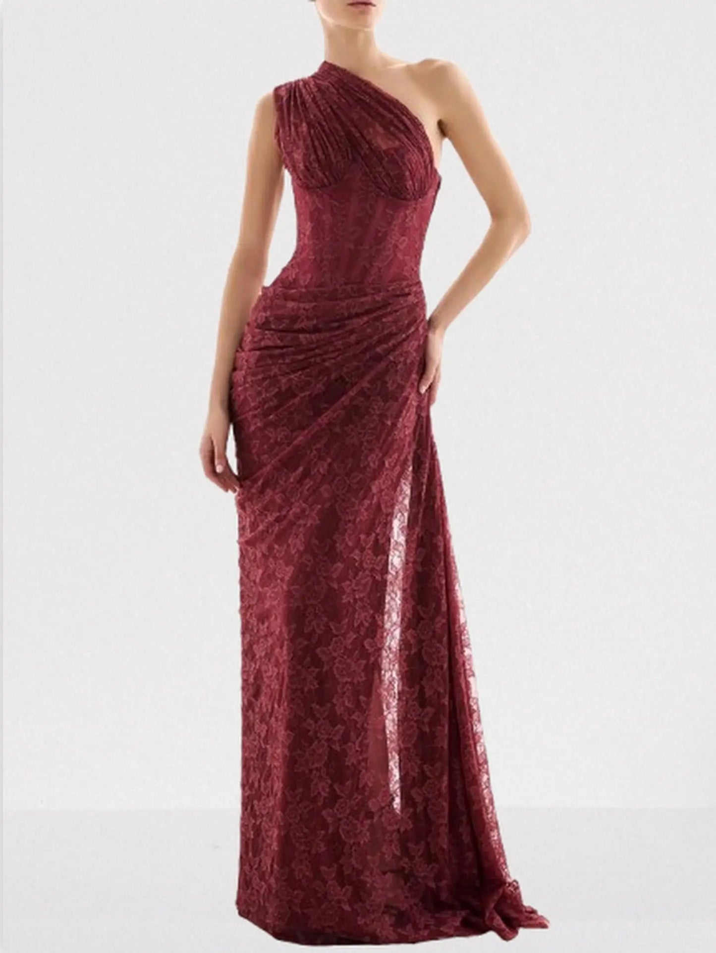 One-Shoulder Lace Draped Corset Gown - XS - Dresses