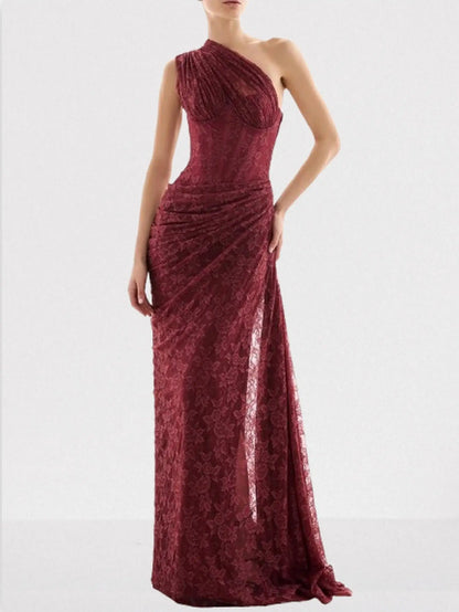 One-Shoulder Lace Draped Corset Gown - XS - Dresses