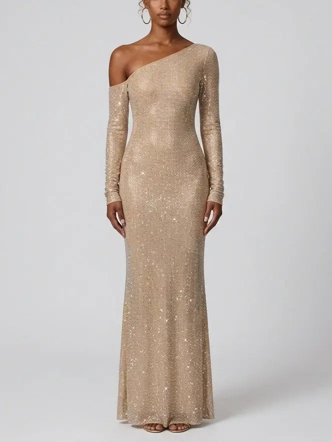 One-Shoulder Rhinestone Mesh Maxi Dress - XS - Dresses