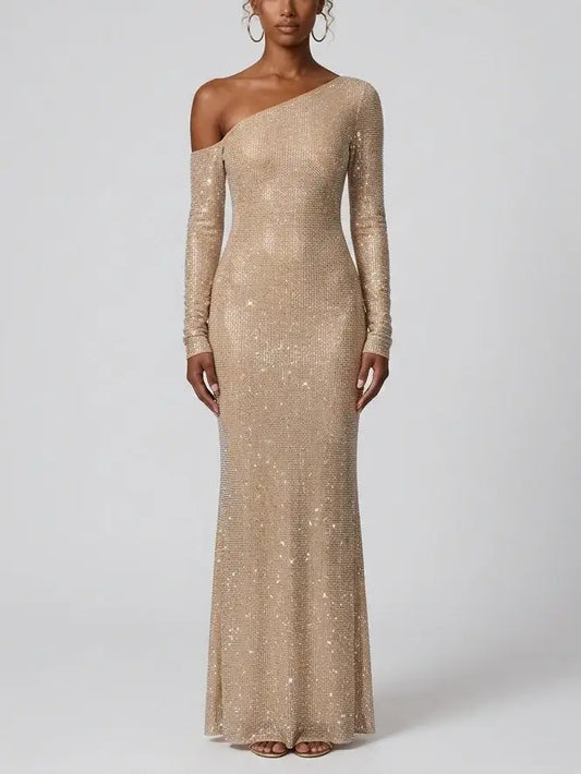 One-Shoulder Rhinestone Mesh Maxi Dress - XS - Dresses
