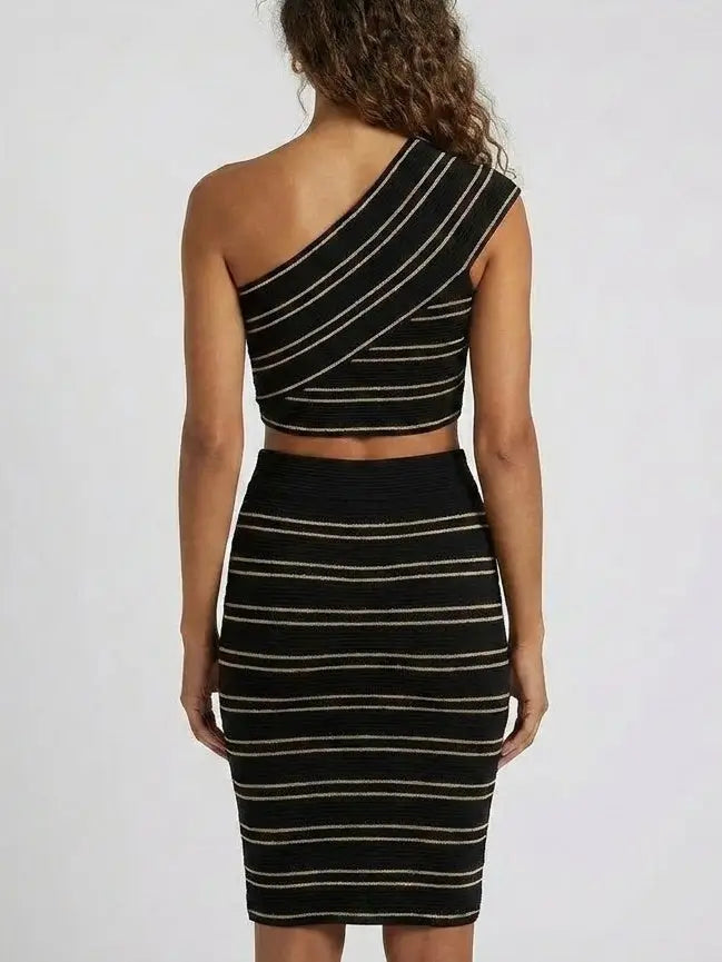 One-Shoulder Black Knit Top and Skirt Set - Suits & Sets