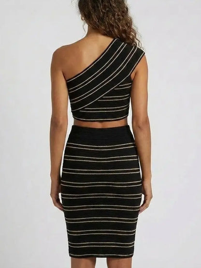 One-Shoulder Black Knit Top and Skirt Set - Suits & Sets