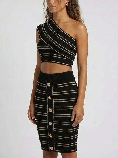 One-Shoulder Black Knit Top and Skirt Set - Suits & Sets