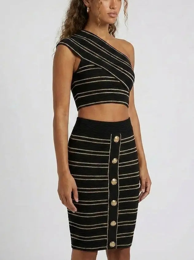One-Shoulder Black Knit Top and Skirt Set - Suits & Sets