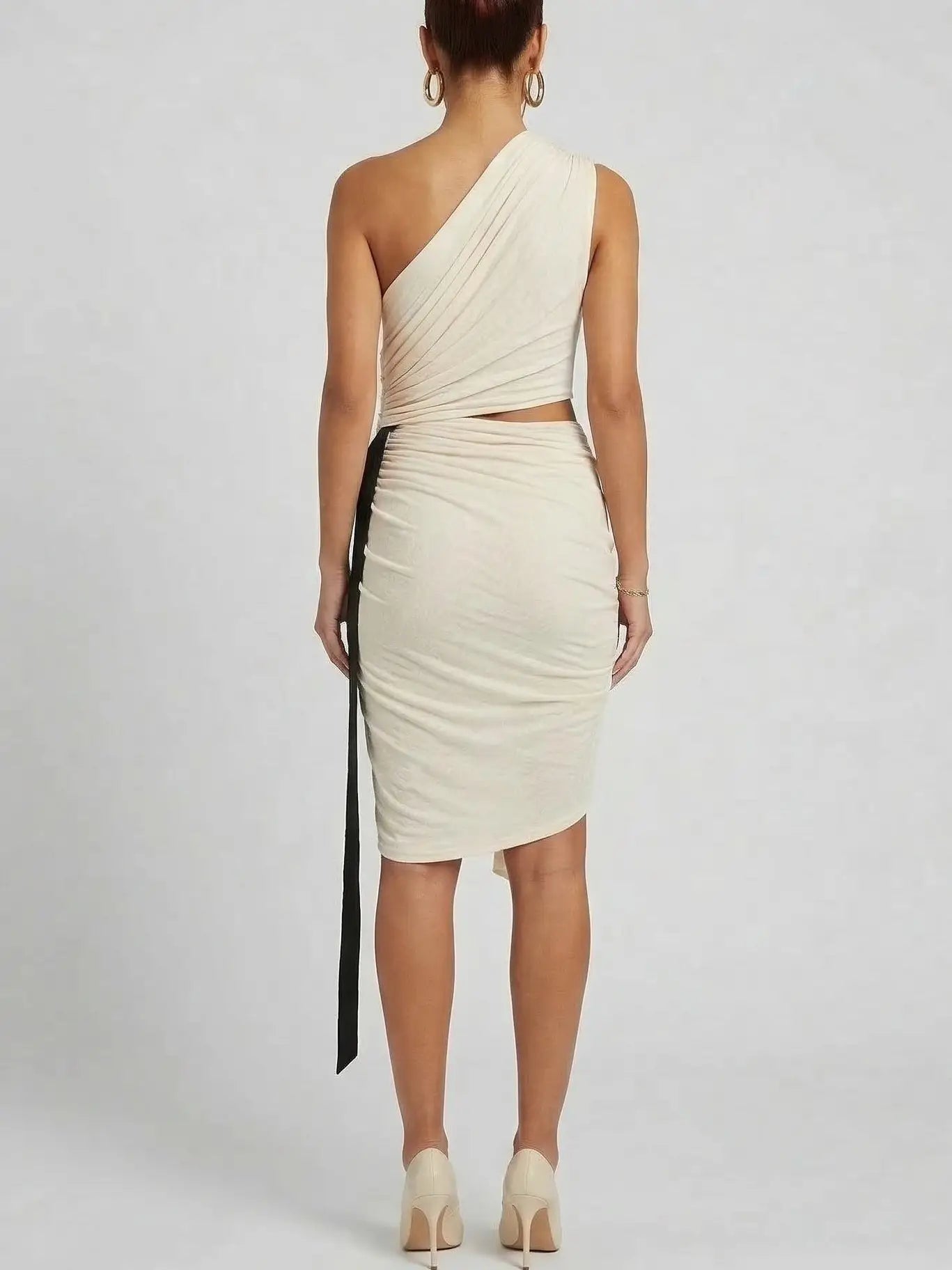One-Shoulder Draped Ruched Mini Dress with Cut-Out - Dresses