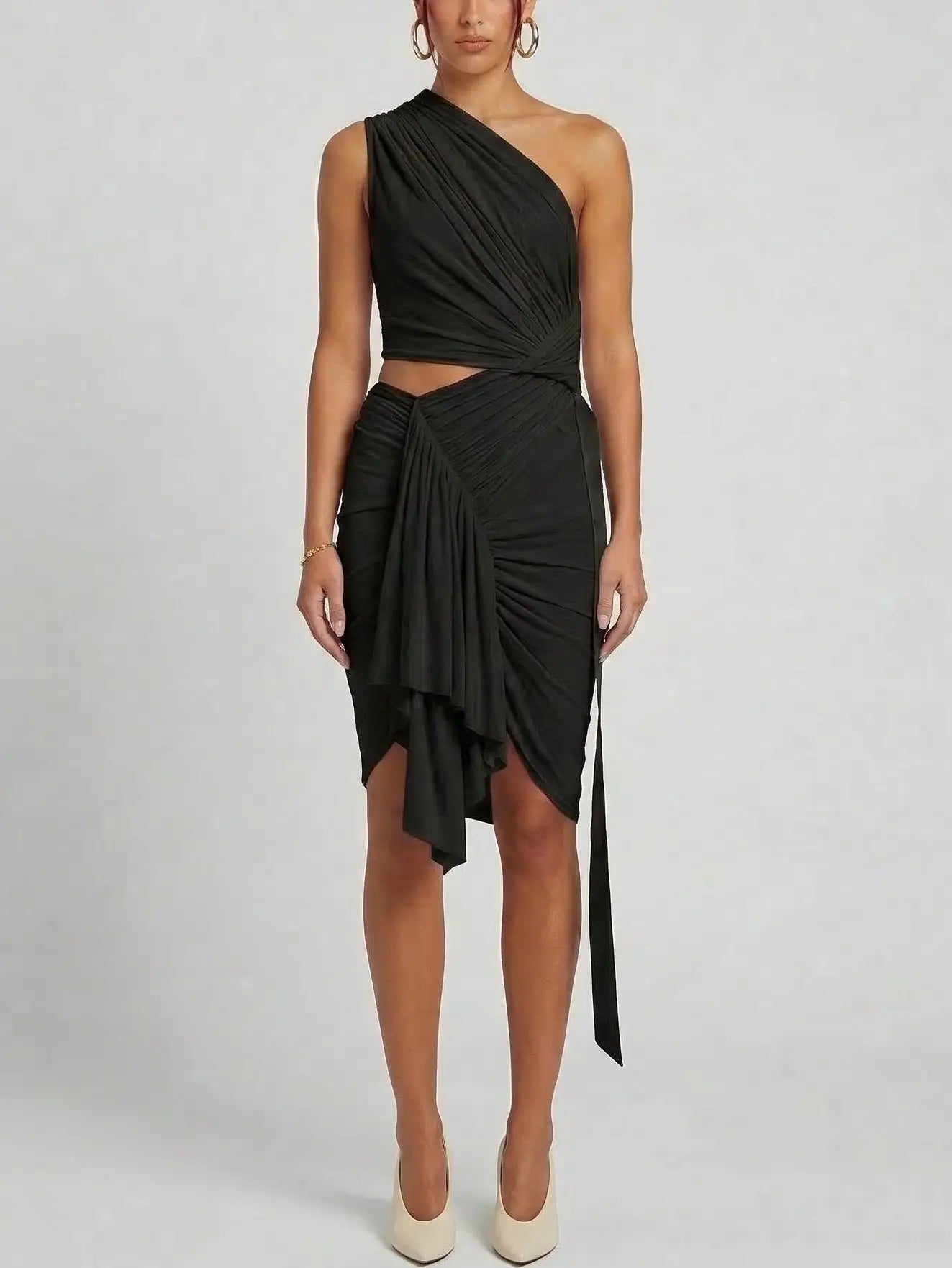 One-Shoulder Draped Ruched Mini Dress with Cut-Out - Dresses