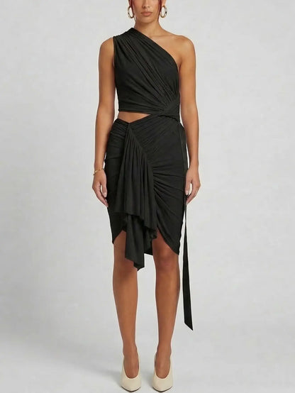 One-Shoulder Draped Ruched Mini Dress with Cut-Out - Dresses