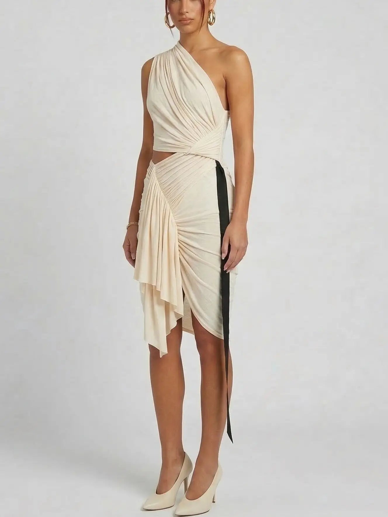 One-Shoulder Draped Ruched Mini Dress with Cut-Out - Dresses