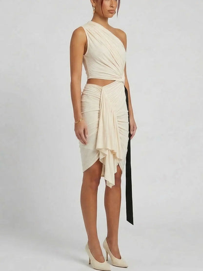 One-Shoulder Draped Ruched Mini Dress with Cut-Out - Dresses