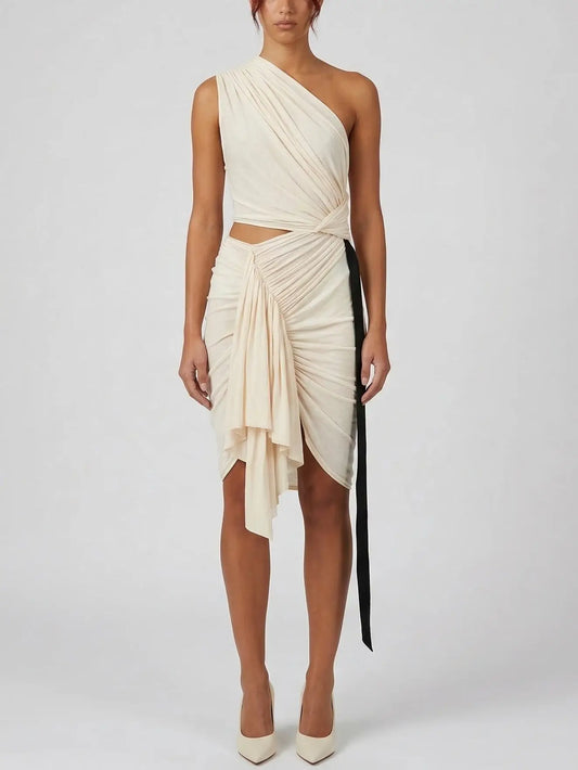 One-Shoulder Draped Ruched Mini Dress with Cut-Out - Dresses