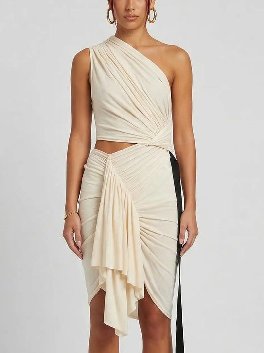 One-Shoulder Draped Ruched Mini Dress with Cut-Out - Dresses