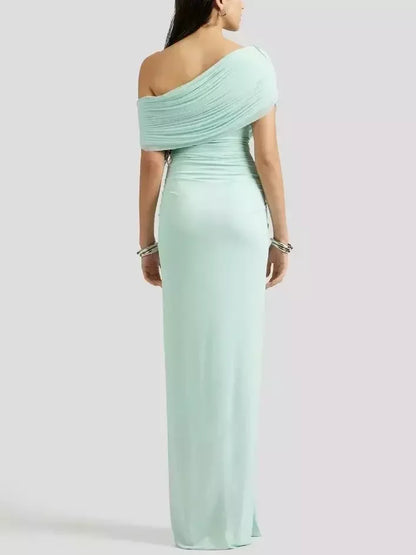 One-Shoulder Gathered Gown in Mint Green - Dresses
