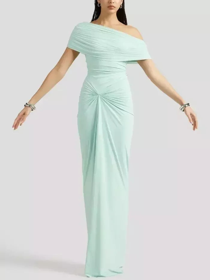 One-Shoulder Gathered Gown in Mint Green - Dresses