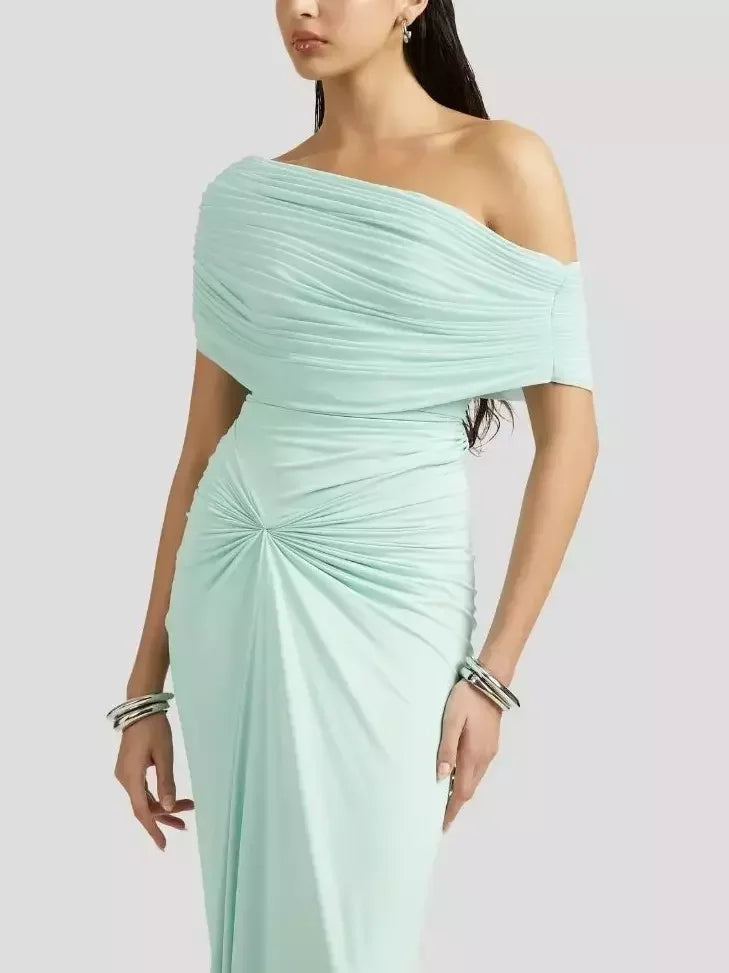 One-Shoulder Gathered Gown in Mint Green - Dresses