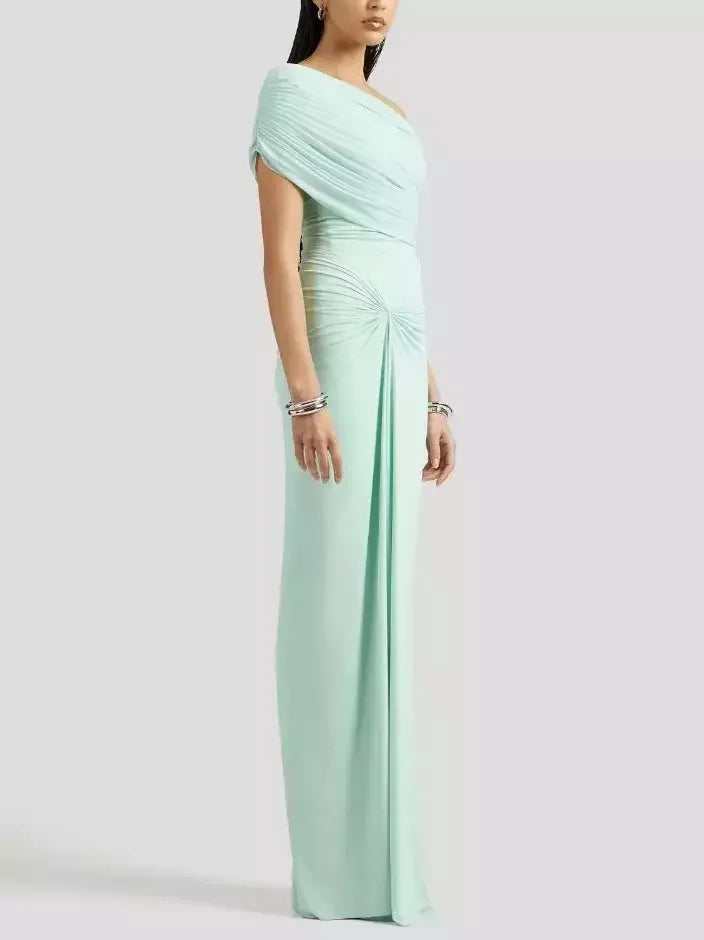 One-Shoulder Gathered Gown in Mint Green - Dresses