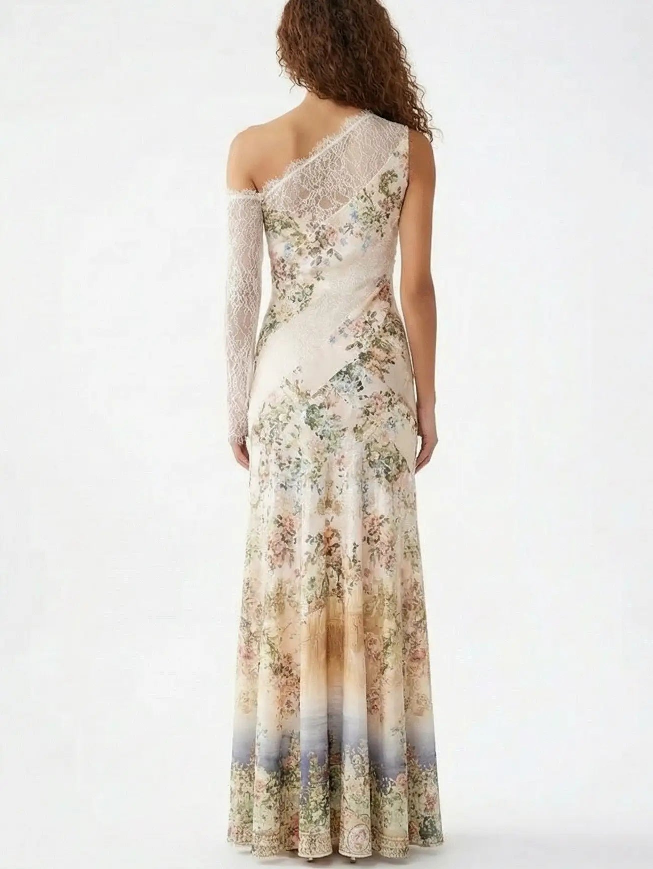 One-Shoulder Lace-Paneled Floral Silk Maxi Dress - Dresses