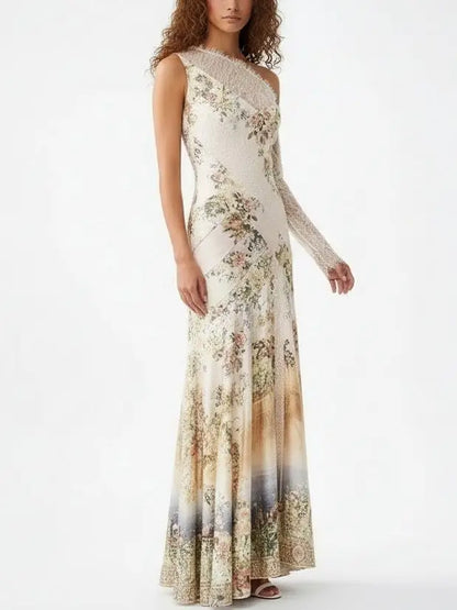 One-Shoulder Lace-Paneled Floral Silk Maxi Dress - Dresses