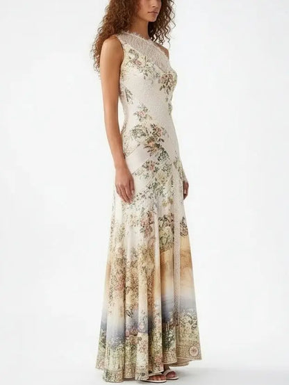 One-Shoulder Lace-Paneled Floral Silk Maxi Dress - Dresses