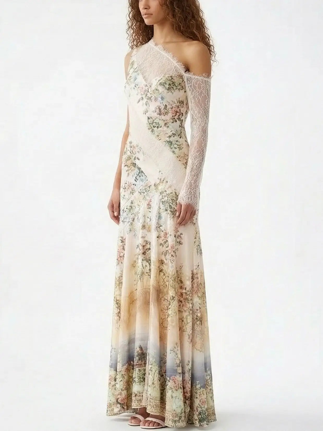 One-Shoulder Lace-Paneled Floral Silk Maxi Dress - Dresses