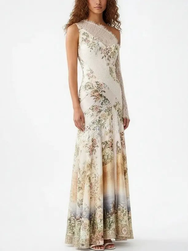 One-Shoulder Lace-Paneled Floral Silk Maxi Dress - Dresses