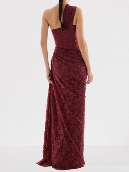 One-Shoulder Lace Draped Corset Gown - Dresses