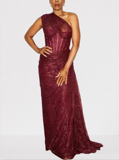 One-Shoulder Lace Draped Corset Gown - Dresses