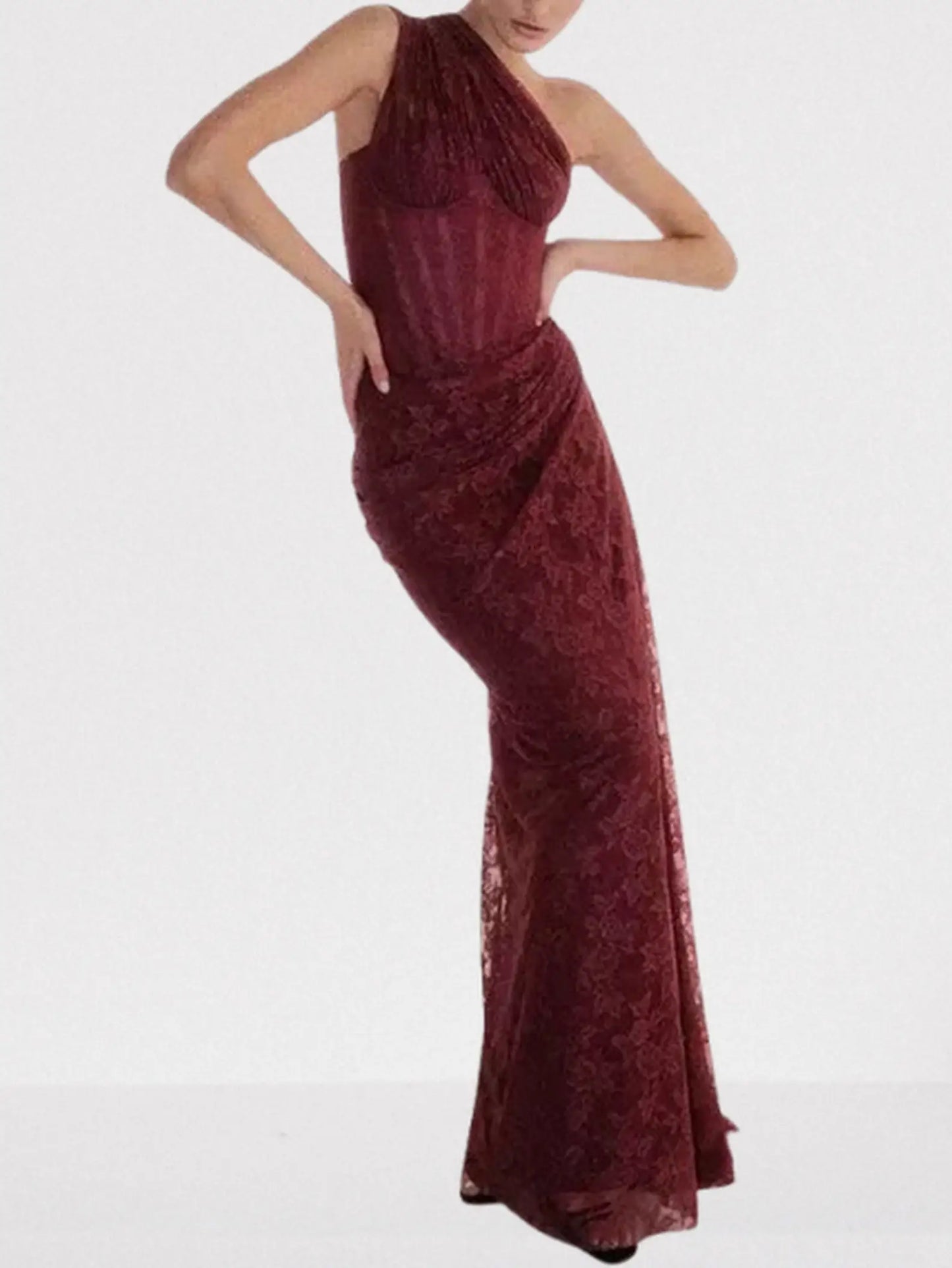 One-Shoulder Lace Draped Corset Gown - Dresses
