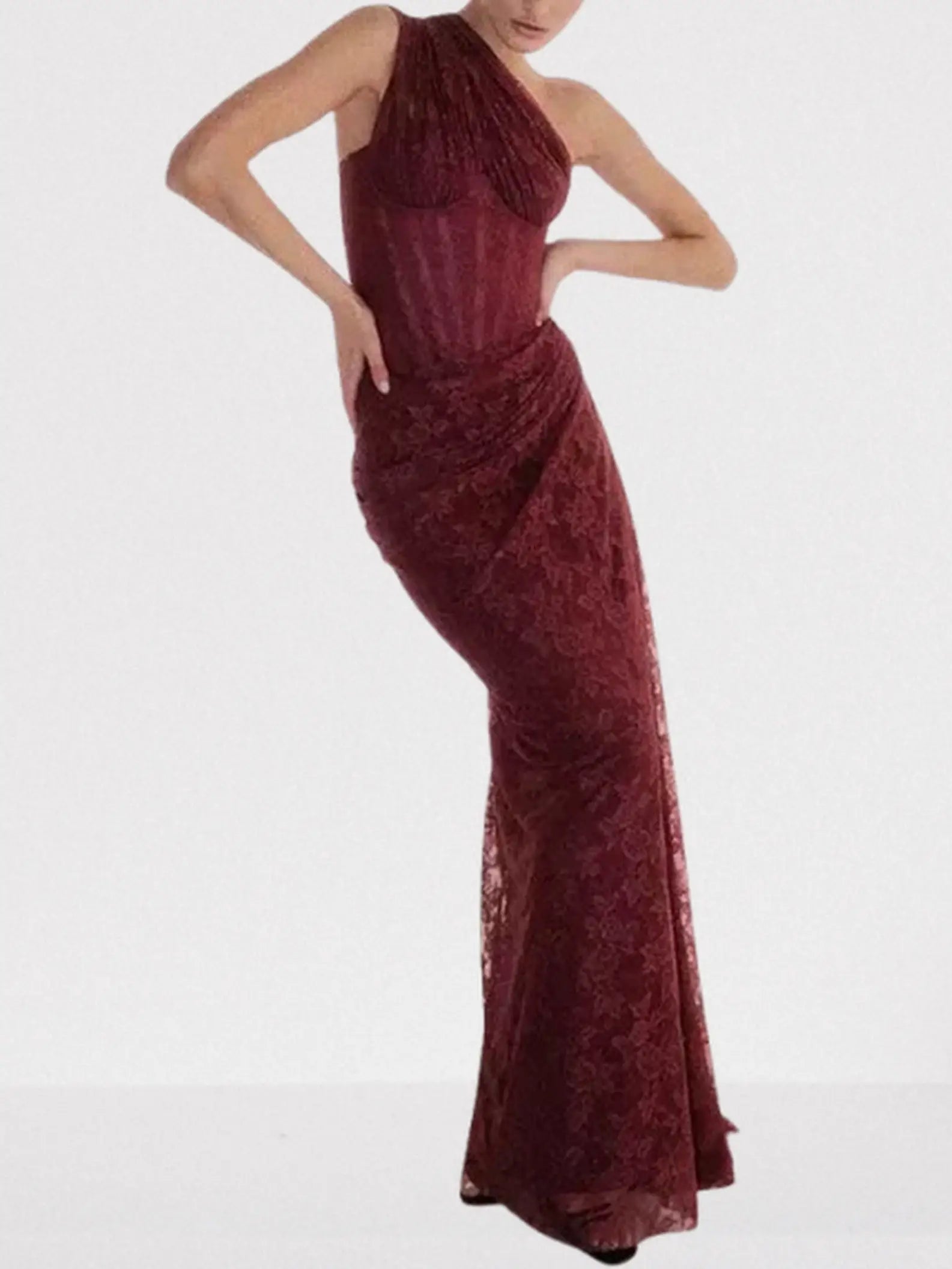 One-Shoulder Lace Draped Corset Gown - Dresses