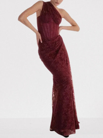 One-Shoulder Lace Draped Corset Gown - Dresses