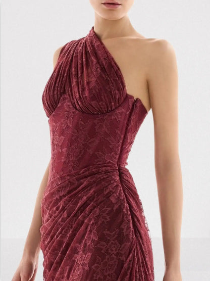One-Shoulder Lace Draped Corset Gown - Dresses
