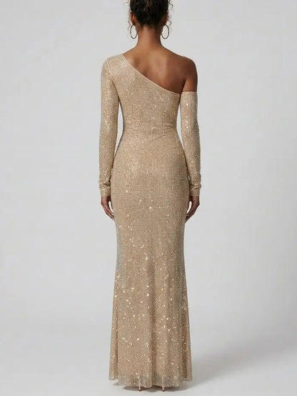One-Shoulder Rhinestone Mesh Maxi Dress - Dresses