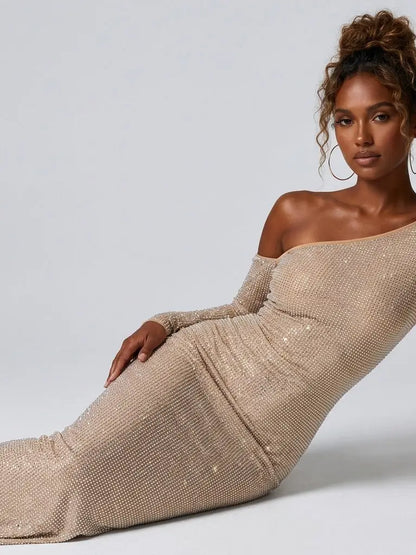 One-Shoulder Rhinestone Mesh Maxi Dress - Dresses