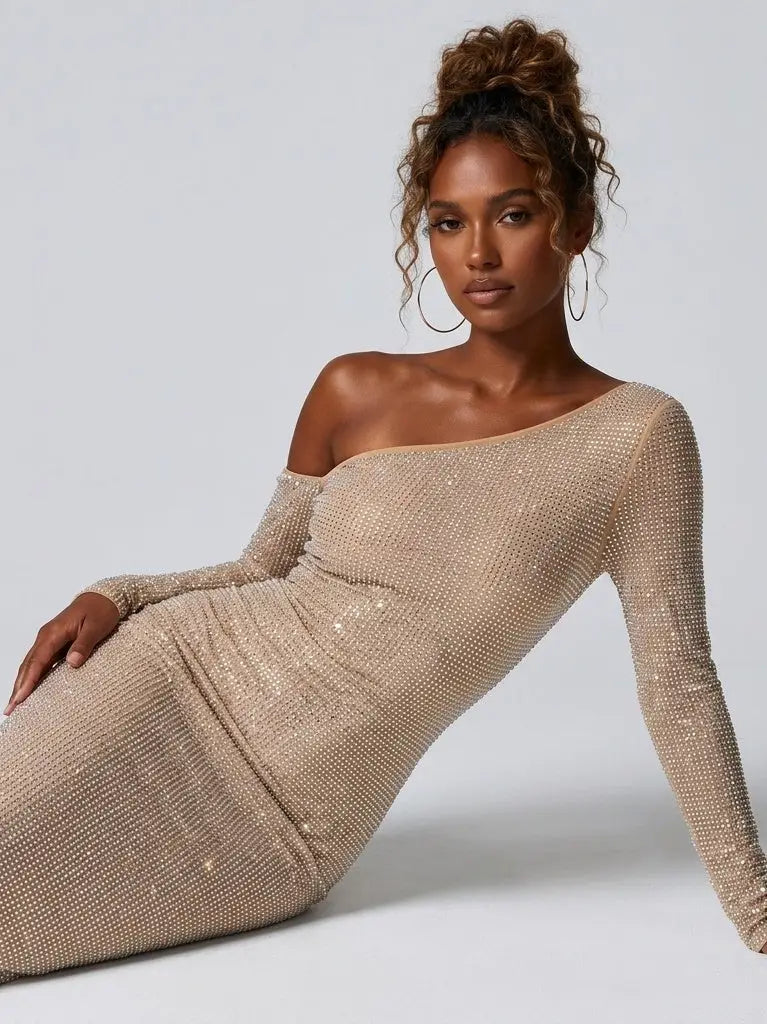One-Shoulder Rhinestone Mesh Maxi Dress - Dresses