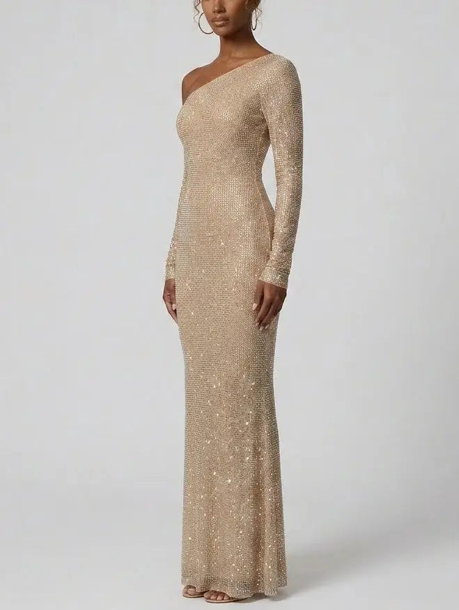 One-Shoulder Rhinestone Mesh Maxi Dress - Dresses