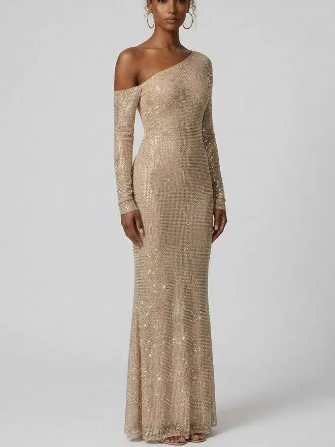 One-Shoulder Rhinestone Mesh Maxi Dress - Dresses