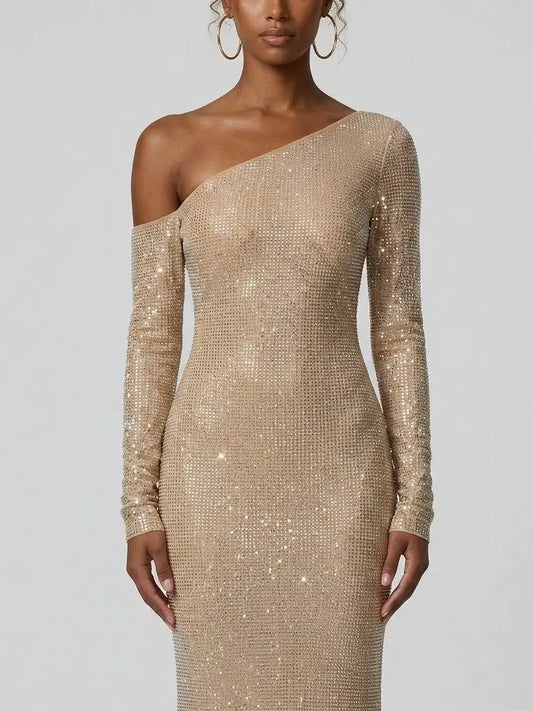 One-Shoulder Rhinestone Mesh Maxi Dress - Dresses