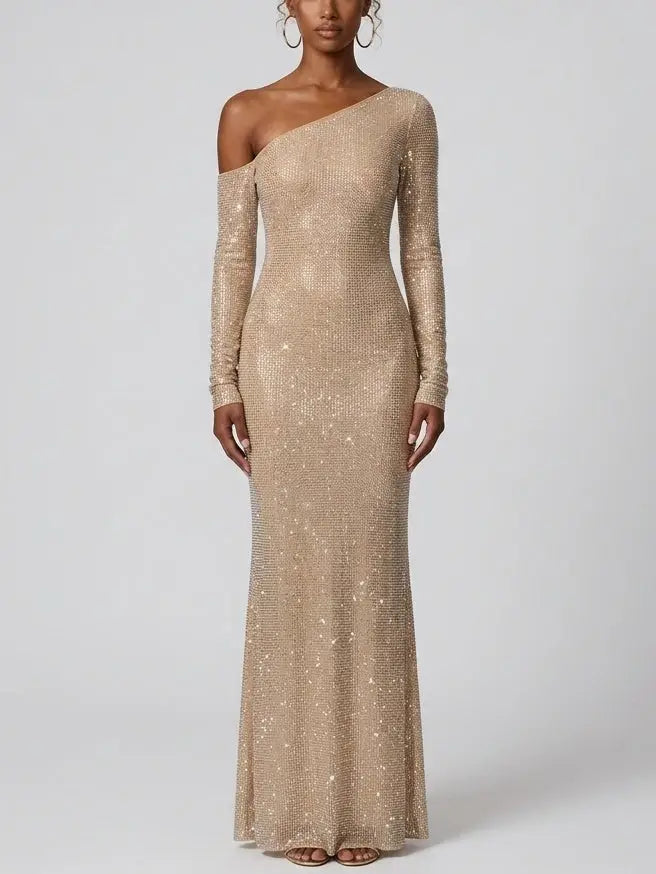 One-Shoulder Rhinestone Mesh Maxi Dress - Dresses