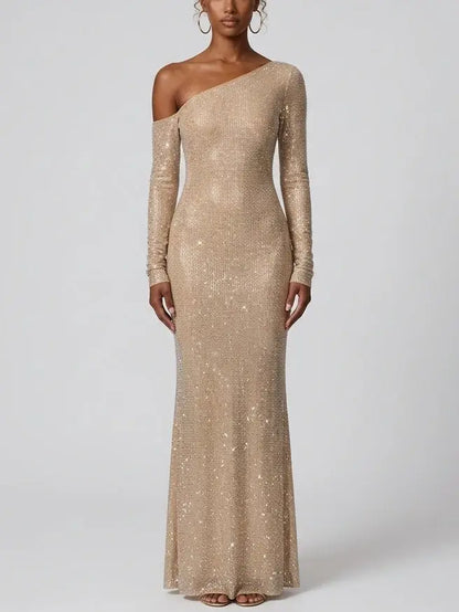 One-Shoulder Rhinestone Mesh Maxi Dress - Dresses