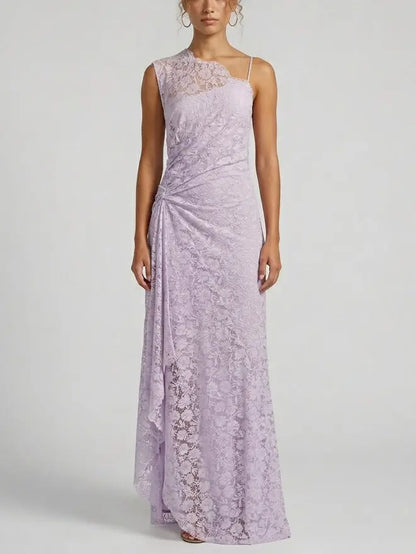 One Shoulder Lace Maxi Dress with Draped Detail - Dresses