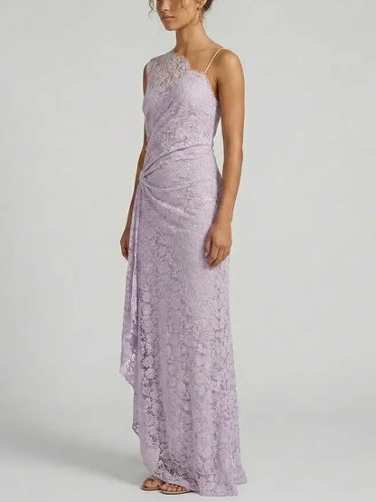 One Shoulder Lace Maxi Dress with Draped Detail - Dresses
