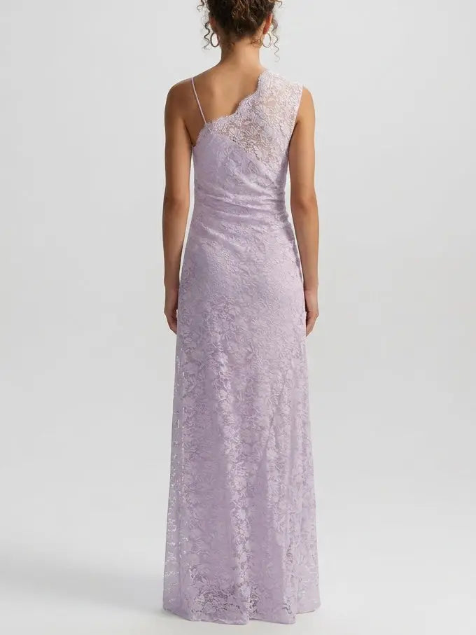 One Shoulder Lace Maxi Dress with Draped Detail - Dresses