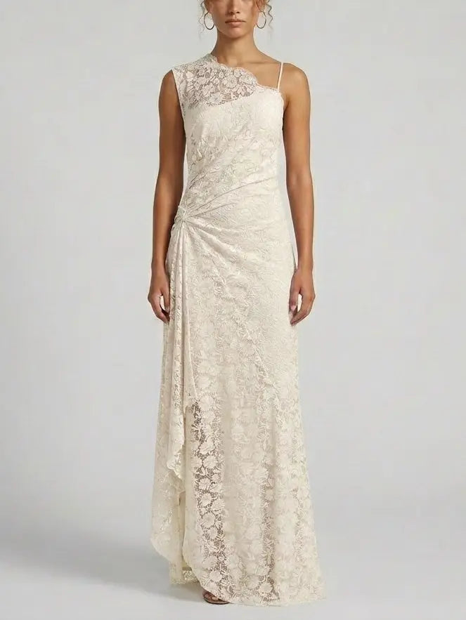 One Shoulder Lace Maxi Dress with Draped Detail - Dresses