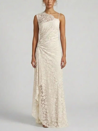 One Shoulder Lace Maxi Dress with Draped Detail - Dresses