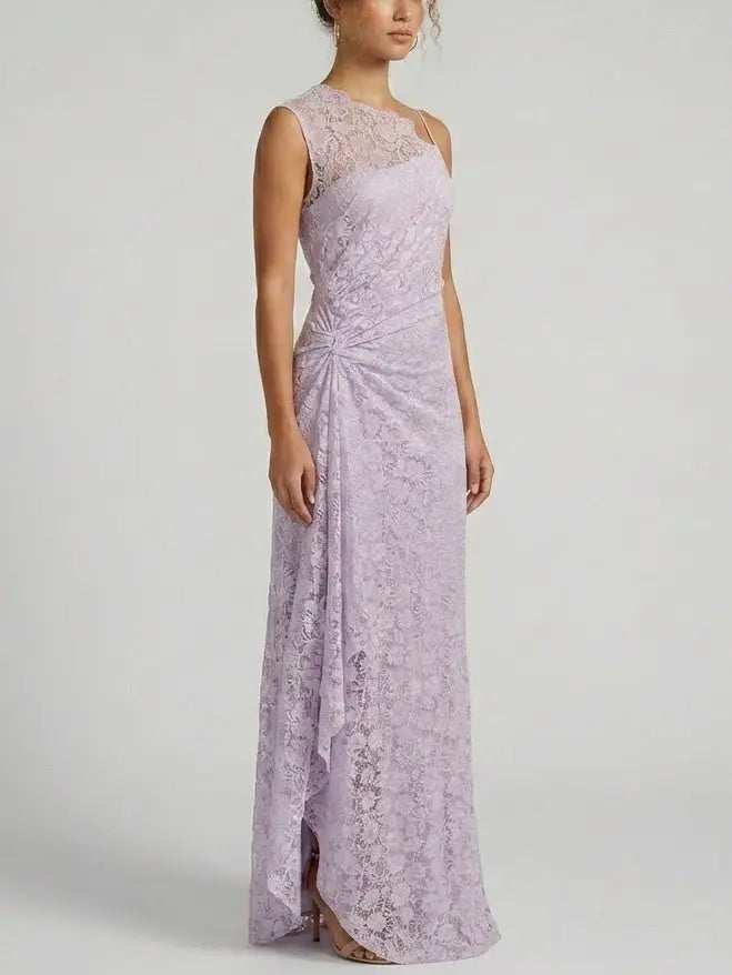 One Shoulder Lace Maxi Dress with Draped Detail - Dresses