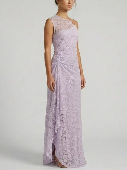 One Shoulder Lace Maxi Dress with Draped Detail - Dresses