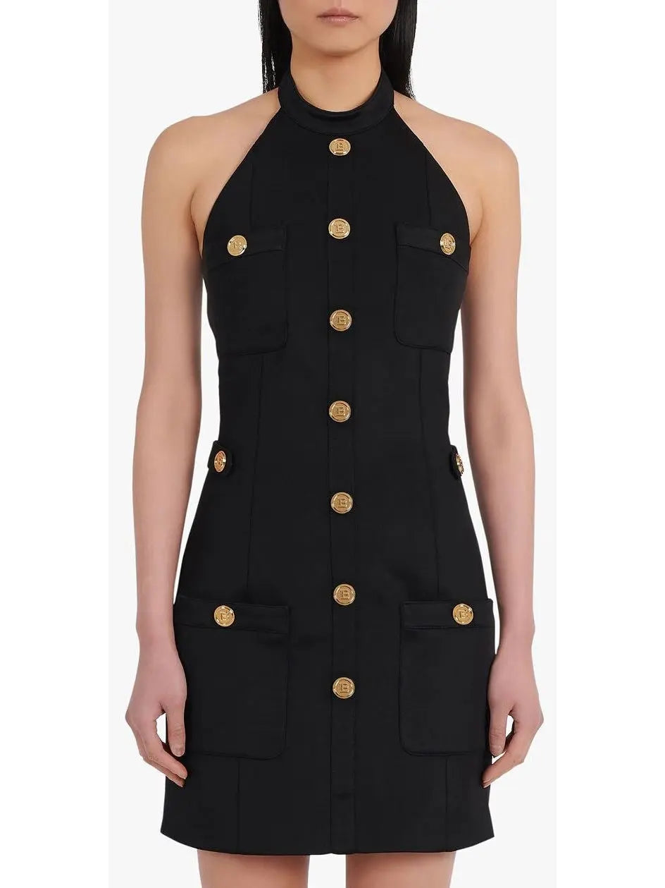 Open-Back Black Dress with Gold-Tone Buttons - Branna Couture