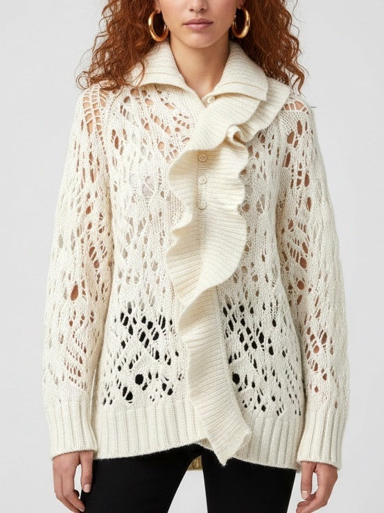 Open-Knit Ruffle-Trim Fold-Over Collar Sweater